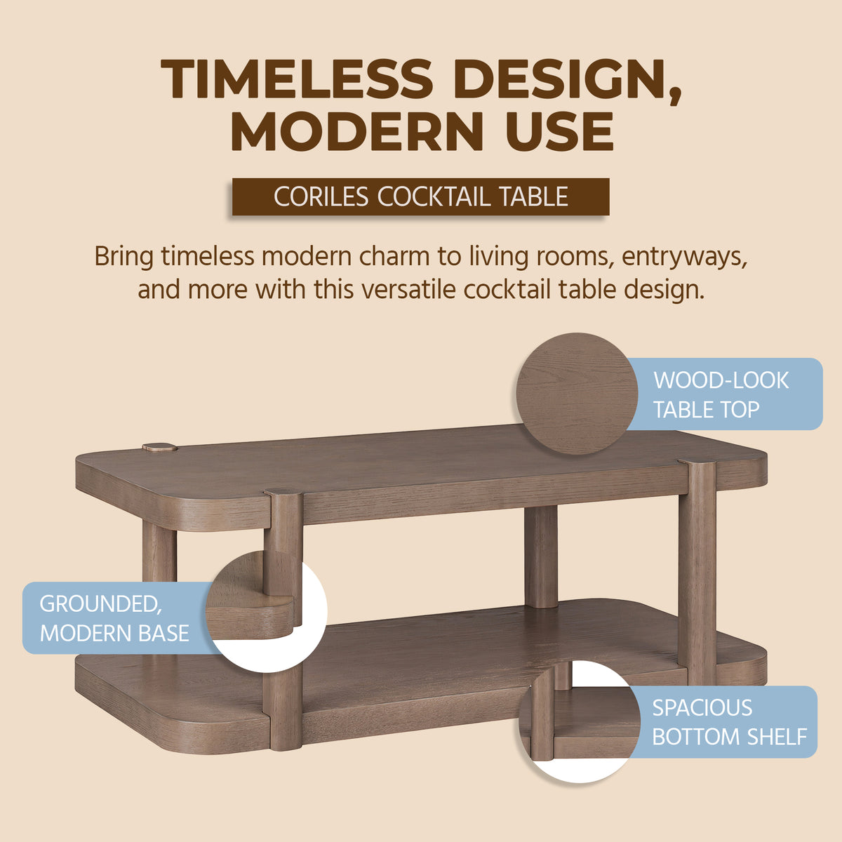 ROME + OAK Coriles Cocktail Table Wood Rectangle Furniture w/ Shelf, Light Beige