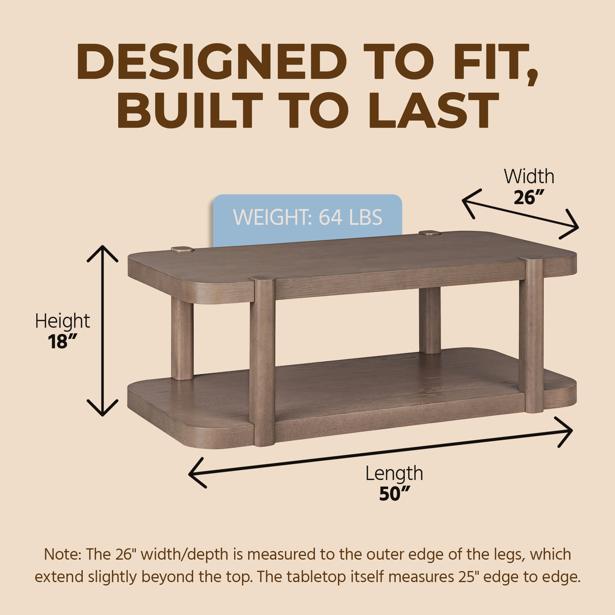 ROME + OAK Coriles Cocktail Table Wood Rectangle Furniture w/ Shelf, Light Beige