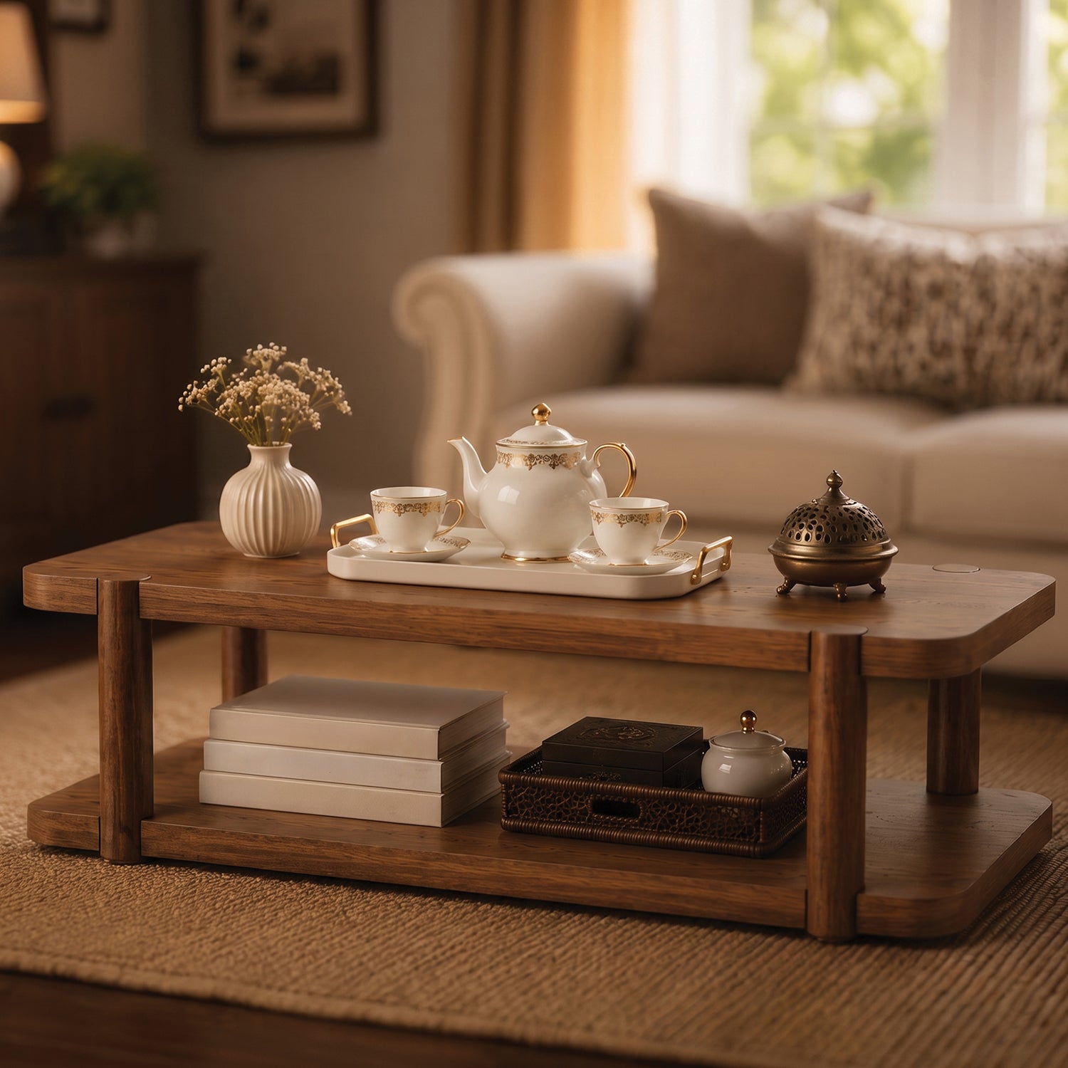 ROME + OAK Coriles Cocktail Table, Wood Rectangle Furniture w/ Shelf, Walnut