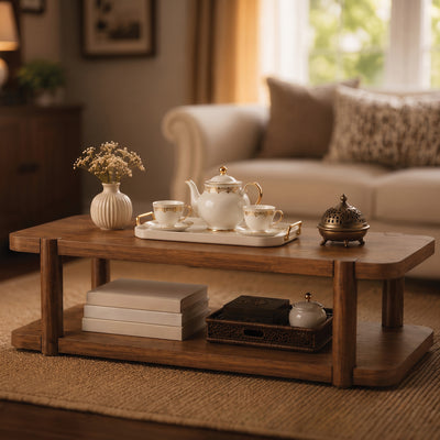 ROME + OAK Coriles Cocktail Table, Wood Rectangle Furniture w/ Shelf, Walnut