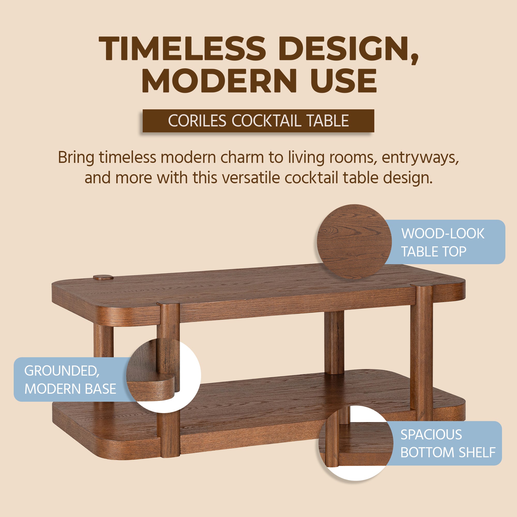 ROME + OAK Coriles Cocktail Table, Wood Rectangle Furniture w/ Shelf, Walnut