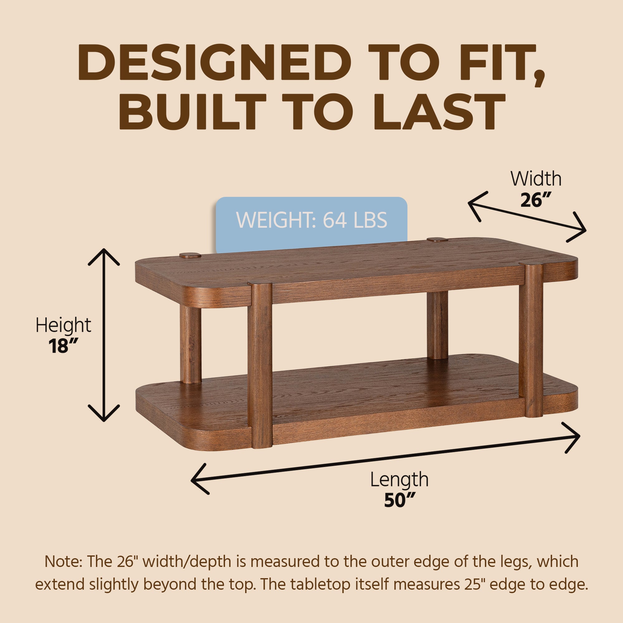 ROME + OAK Coriles Cocktail Table, Wood Rectangle Furniture w/ Shelf, Walnut