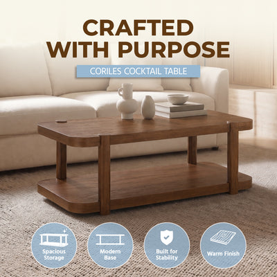ROME + OAK Coriles Cocktail Table, Wood Rectangle Furniture w/ Shelf, Walnut
