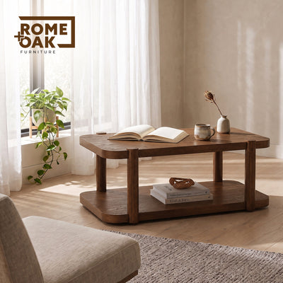 ROME + OAK Coriles Cocktail Table, Wood Rectangle Furniture w/ Shelf, Walnut