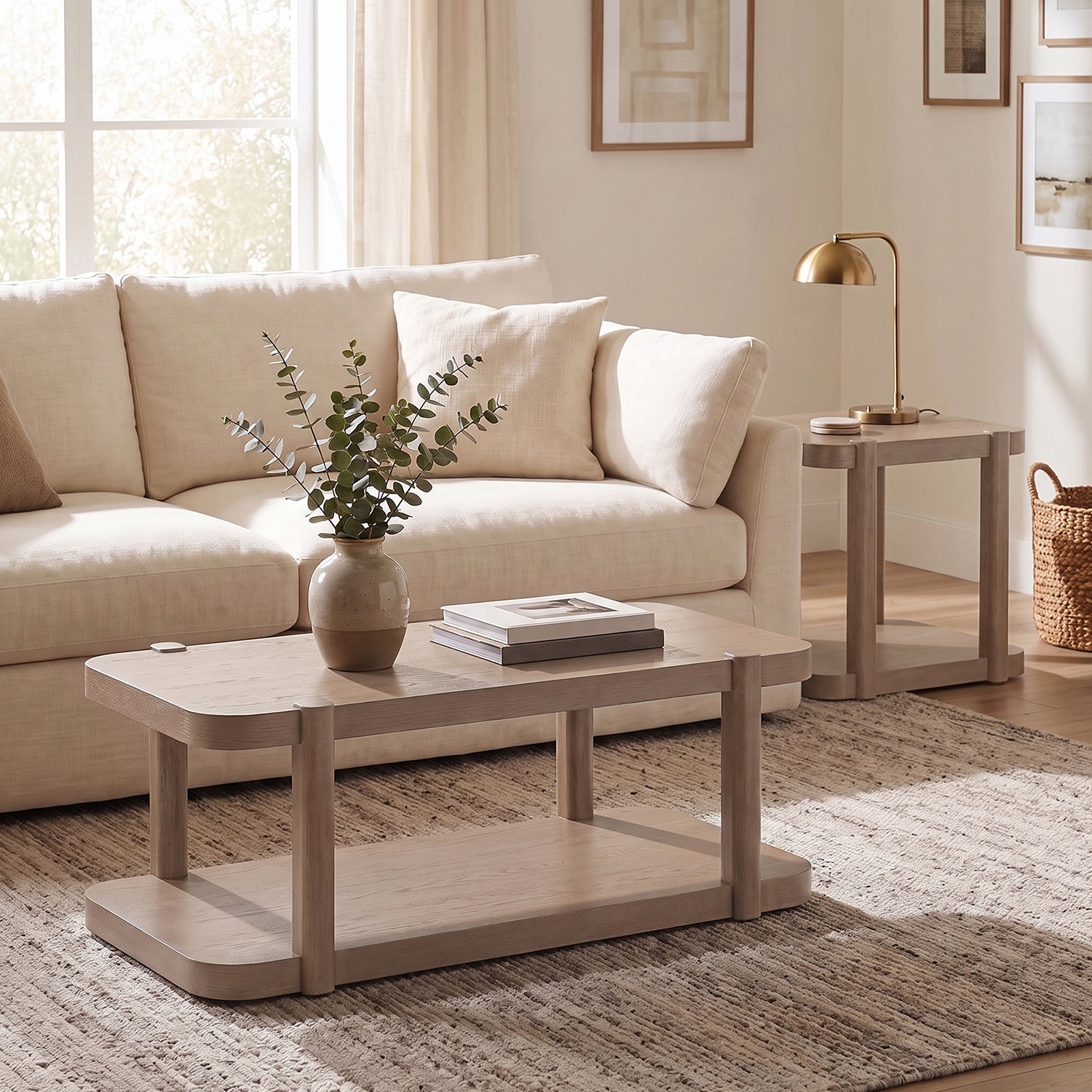 ROME + OAK Coriles End Table, Wood Home Accent Furniture with Shelf, Light Beige