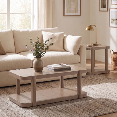 ROME + OAK Coriles End Table, Wood Home Accent Furniture with Shelf, Light Beige
