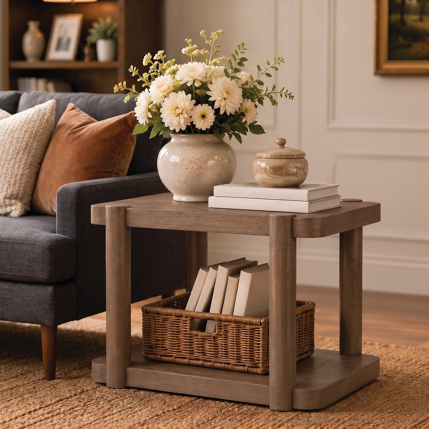 ROME + OAK Coriles End Table, Wood Home Accent Furniture with Shelf, Light Beige