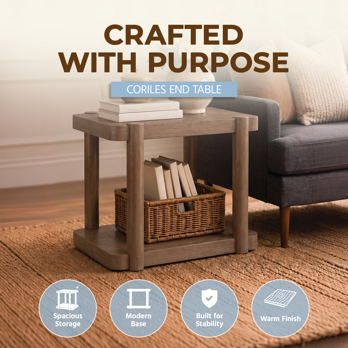 ROME + OAK Coriles End Table, Wood Home Accent Furniture with Shelf, Light Beige