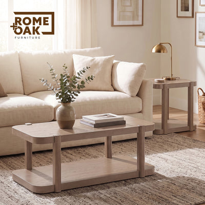 ROME + OAK Coriles End Table, Wood Home Accent Furniture with Shelf, Light Beige