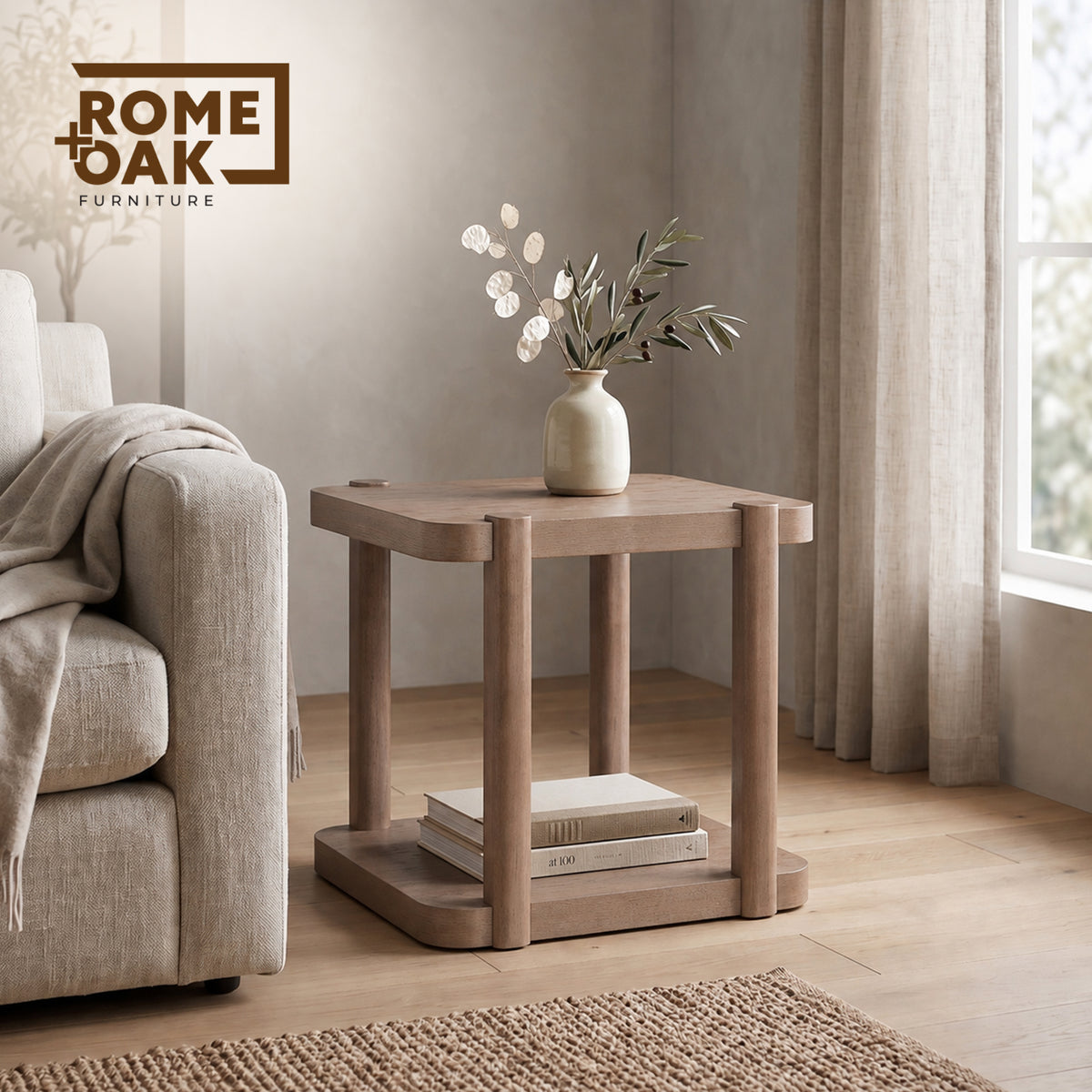 ROME + OAK Coriles End Table, Wood Home Accent Furniture with Shelf, Light Beige