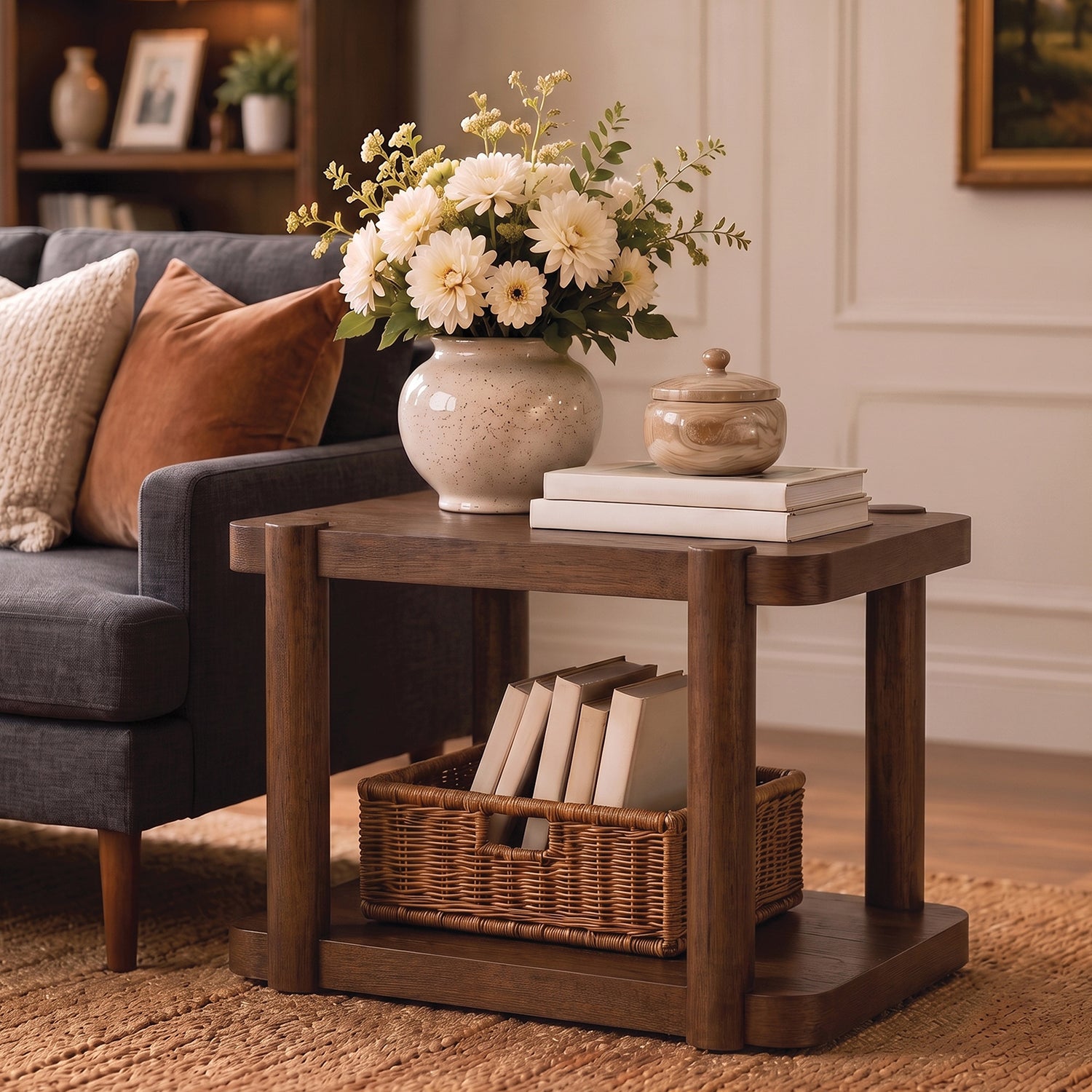 ROME + OAK Coriles End Table, Wood Home Accent Furniture with Shelf, Walnut