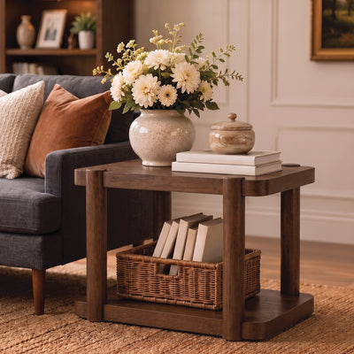 ROME + OAK Coriles End Table, Wood Home Accent Furniture with Shelf, Walnut