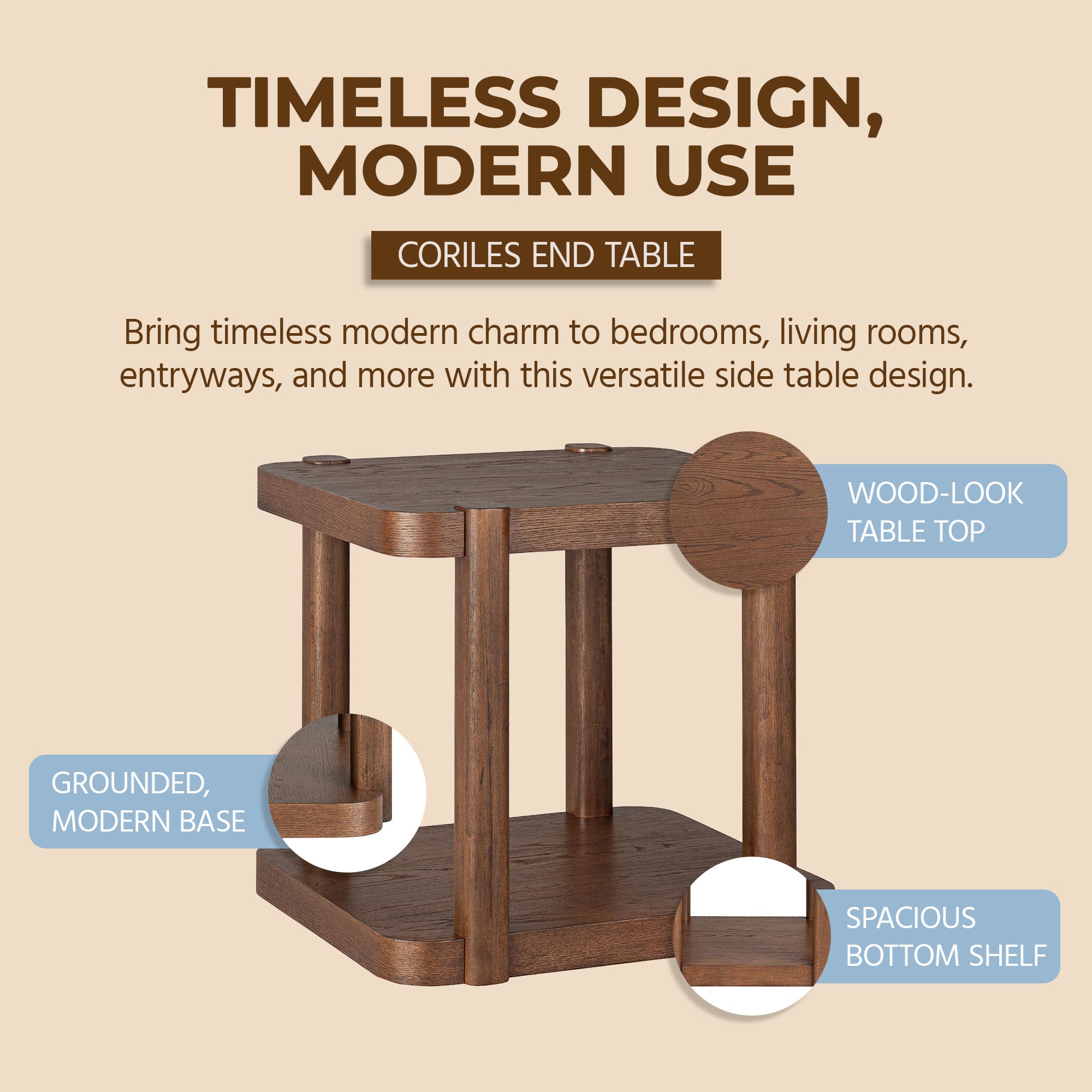 ROME + OAK Coriles End Table, Wood Home Accent Furniture with Shelf, Walnut