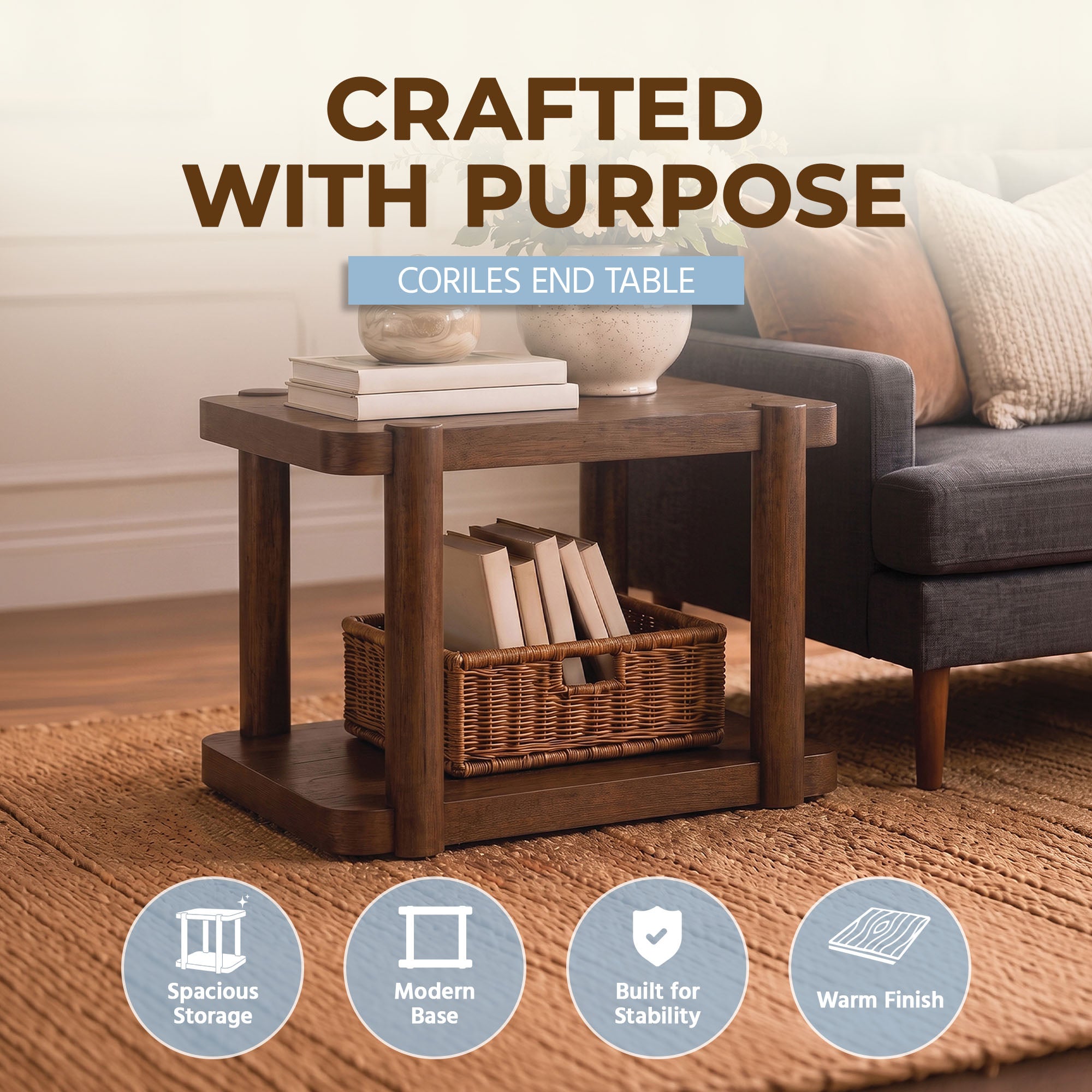 ROME + OAK Coriles End Table, Wood Home Accent Furniture with Shelf, Walnut