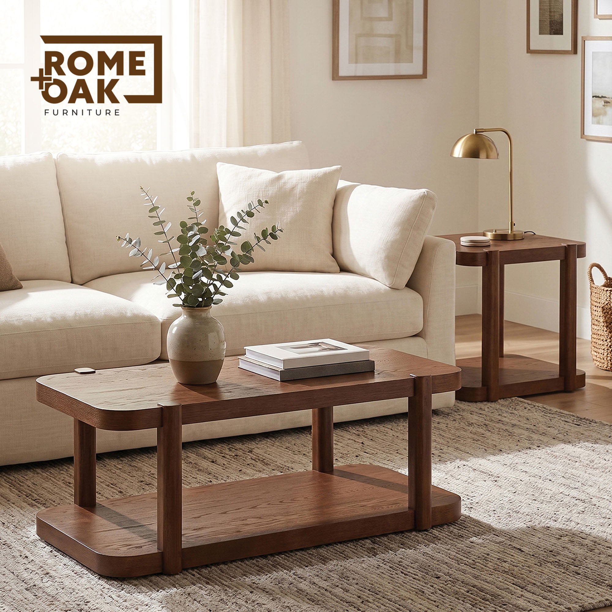 ROME + OAK Coriles End Table, Wood Home Accent Furniture with Shelf, Walnut