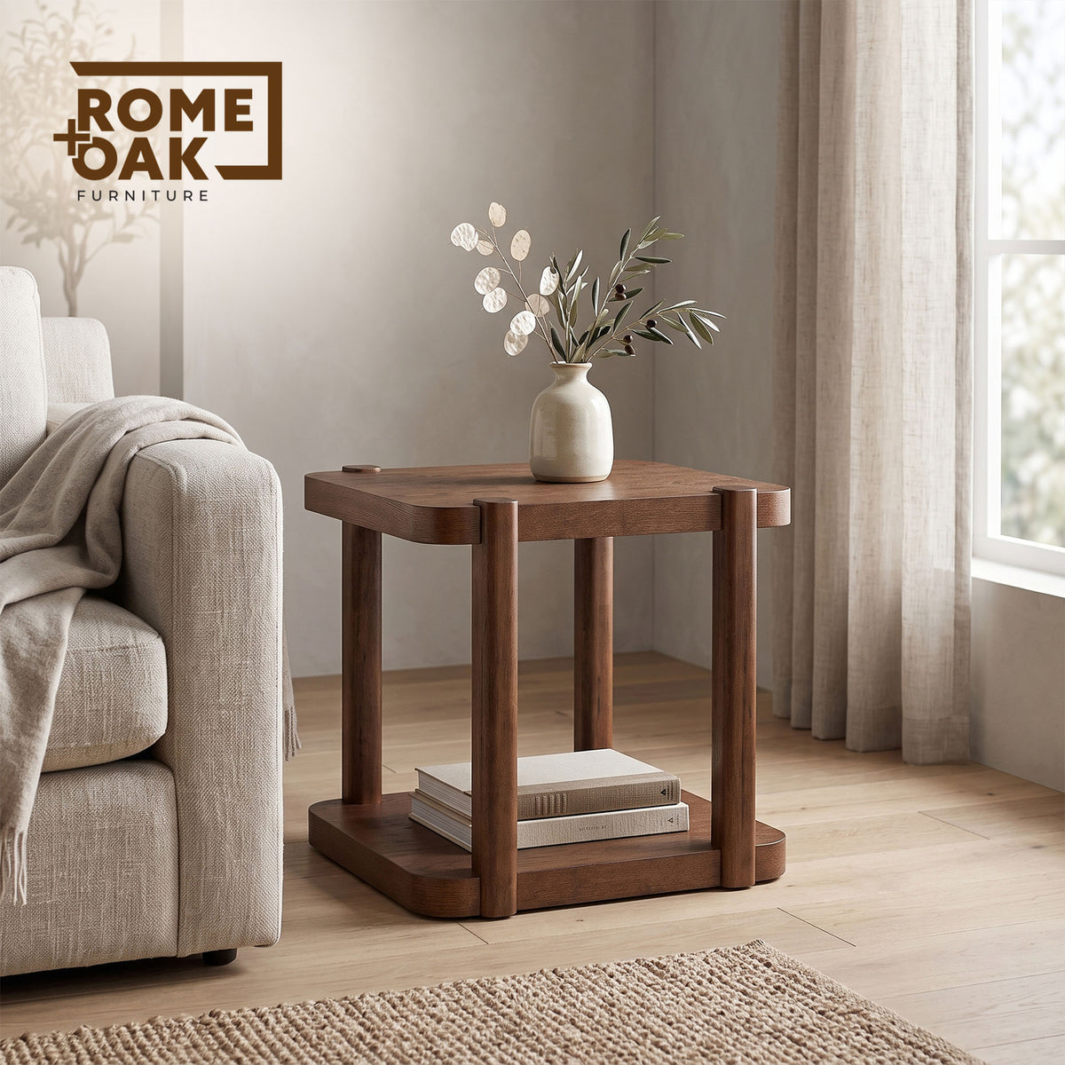 ROME + OAK Coriles End Table, Wood Home Accent Furniture with Shelf, Walnut
