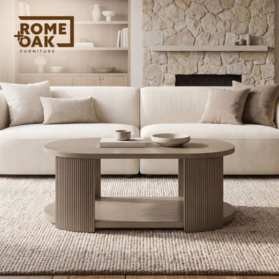 ROME + OAK Euclid Coffee Table, Rustic Wood Living Room Centerpiece, Beige