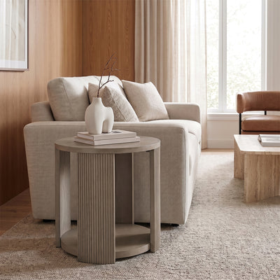 ROME + OAK Euclid Round End Table, Wood Home Accent Furniture with Shelf, Beige