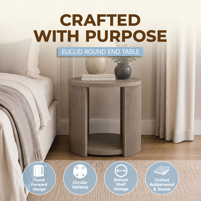 ROME + OAK Euclid Round End Table, Wood Home Accent Furniture with Shelf, Beige