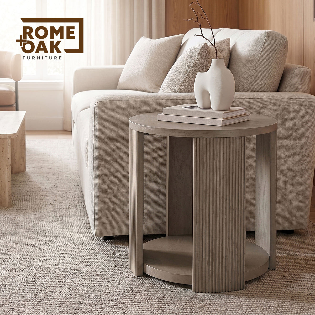 ROME + OAK Euclid Round End Table, Wood Home Accent Furniture with Shelf, Beige