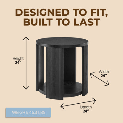 ROME + OAK Euclid Round End Table, Wood Home Accent Furniture with Shelf, Black