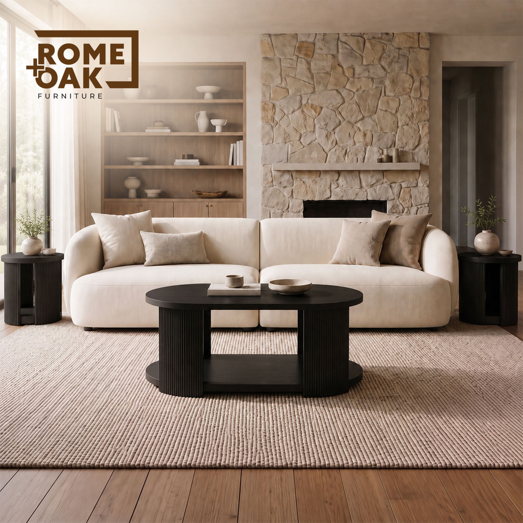 ROME + OAK Euclid Round End Table, Wood Home Accent Furniture with Shelf, Black