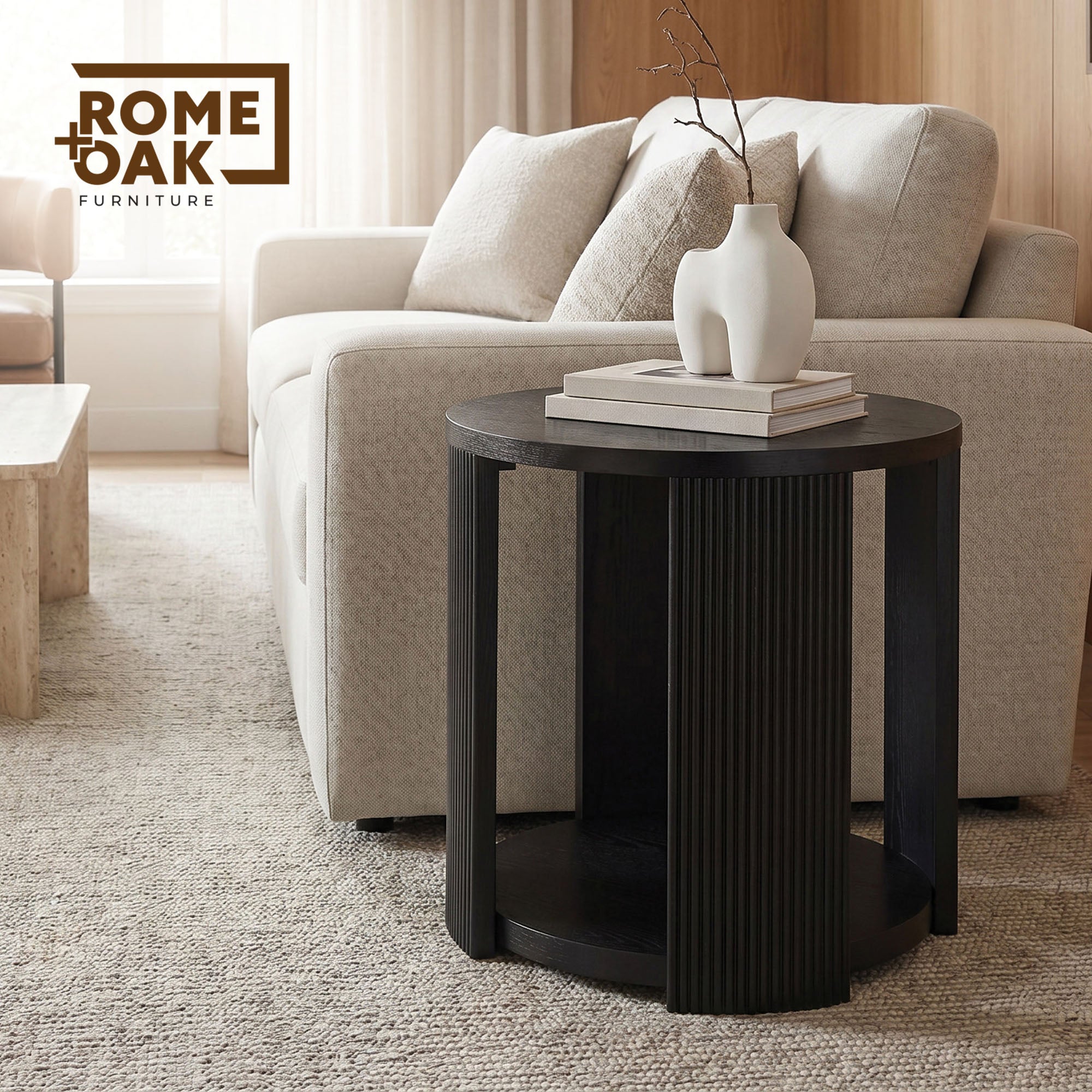 ROME + OAK Euclid Round End Table, Wood Home Accent Furniture with Shelf, Black
