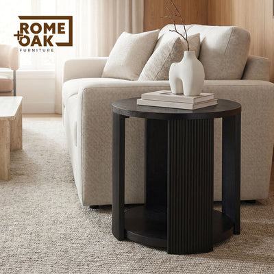 ROME + OAK Euclid Round End Table, Wood Home Accent Furniture with Shelf, Black