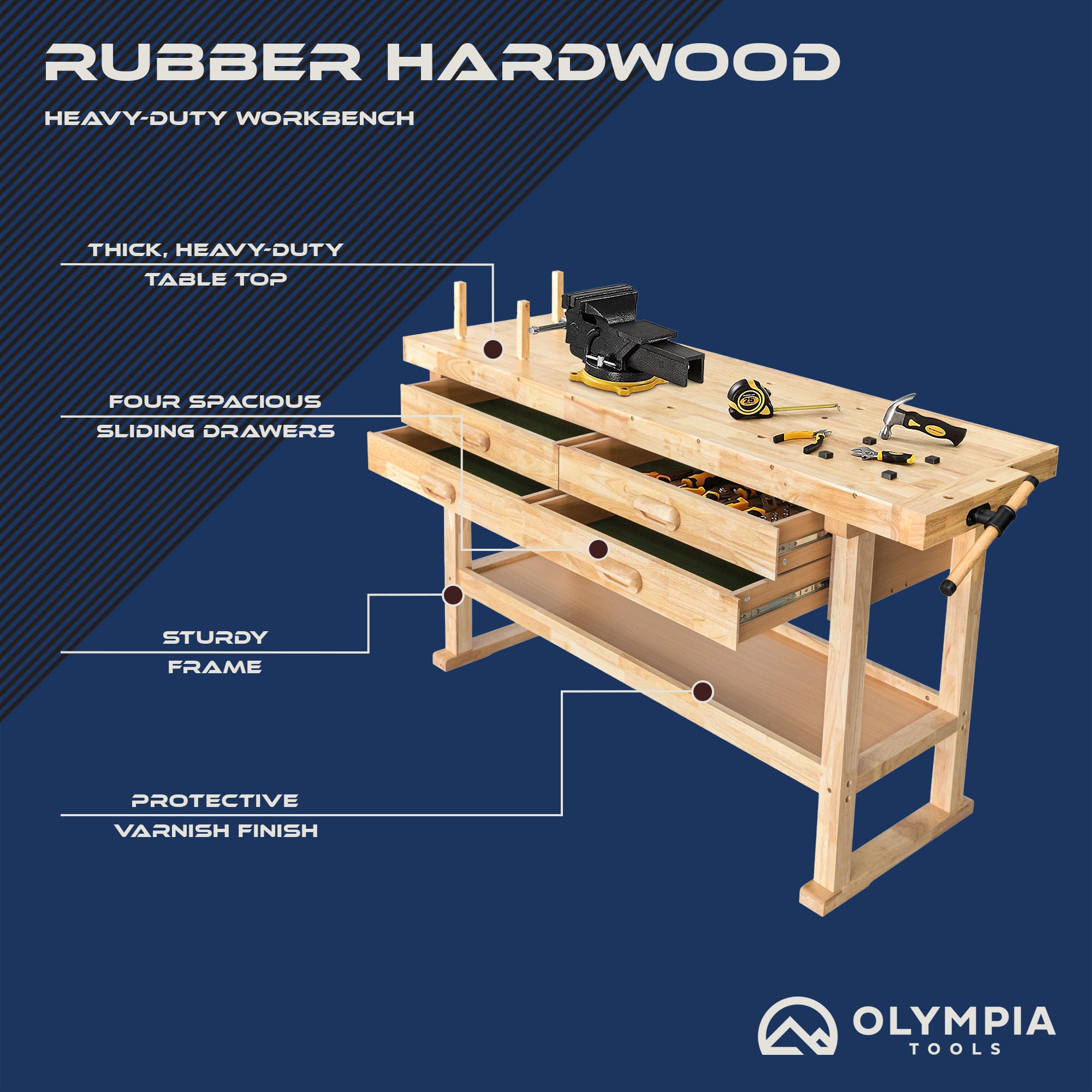 Olympia Tools 60" Rubber Hardwood Workbench, 4 Drawers, 450 lbs Cap (For Parts)