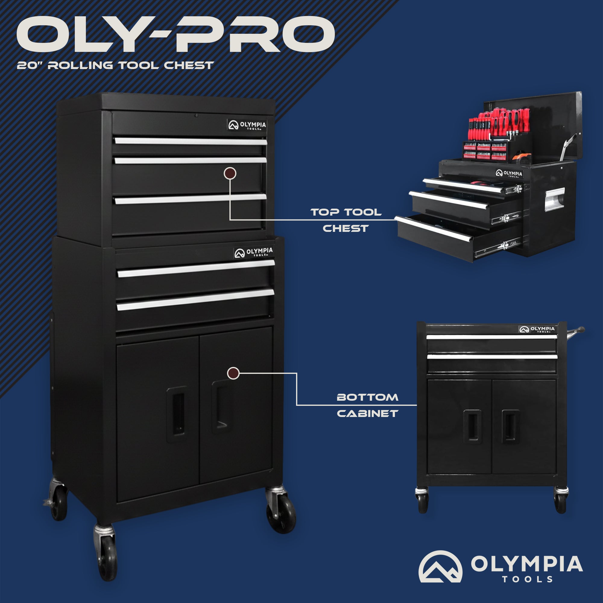 Olympia Tools 20-Inch Rolling Tool Cabinet with 5 Drawers, Locking (Open Box) - VMInnovations