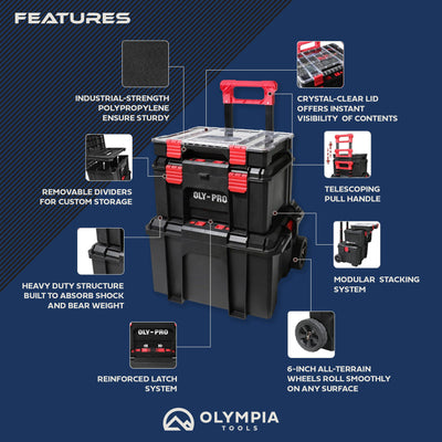 OLY-PRO Modular Tool Box Storage System, Rolling Toolbox w/ Wheels (Open Box) - VMInnovations