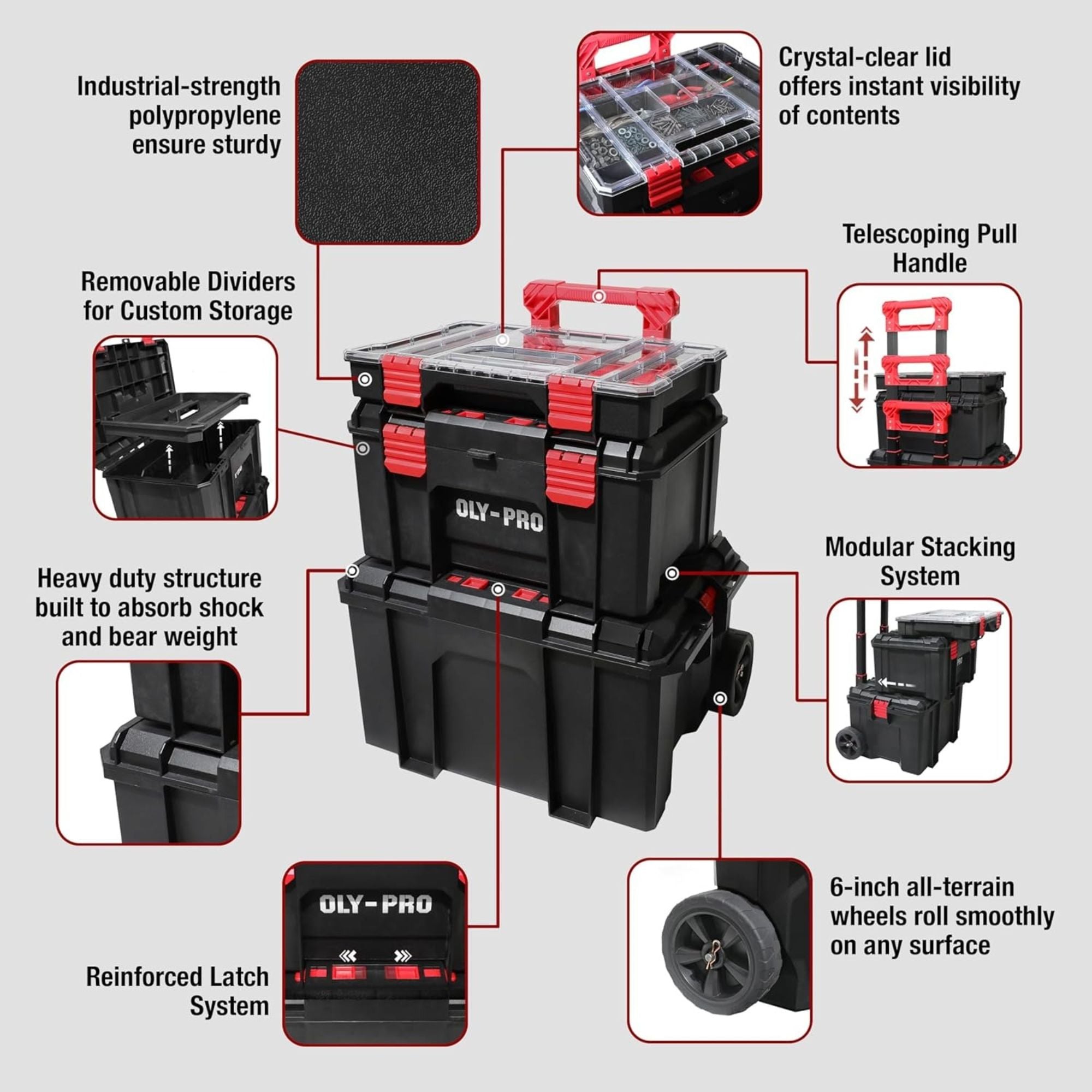 OLY-PRO Modular Tool Box Storage System, Rolling Stackable Toolbox with Wheels - VMInnovations
