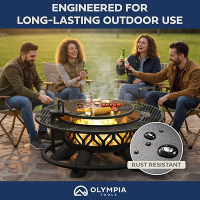 OLYMPIA OUTDOORS 47In Steel Fire Pit w Grill for Outdoor Wood Burning (Open Box)