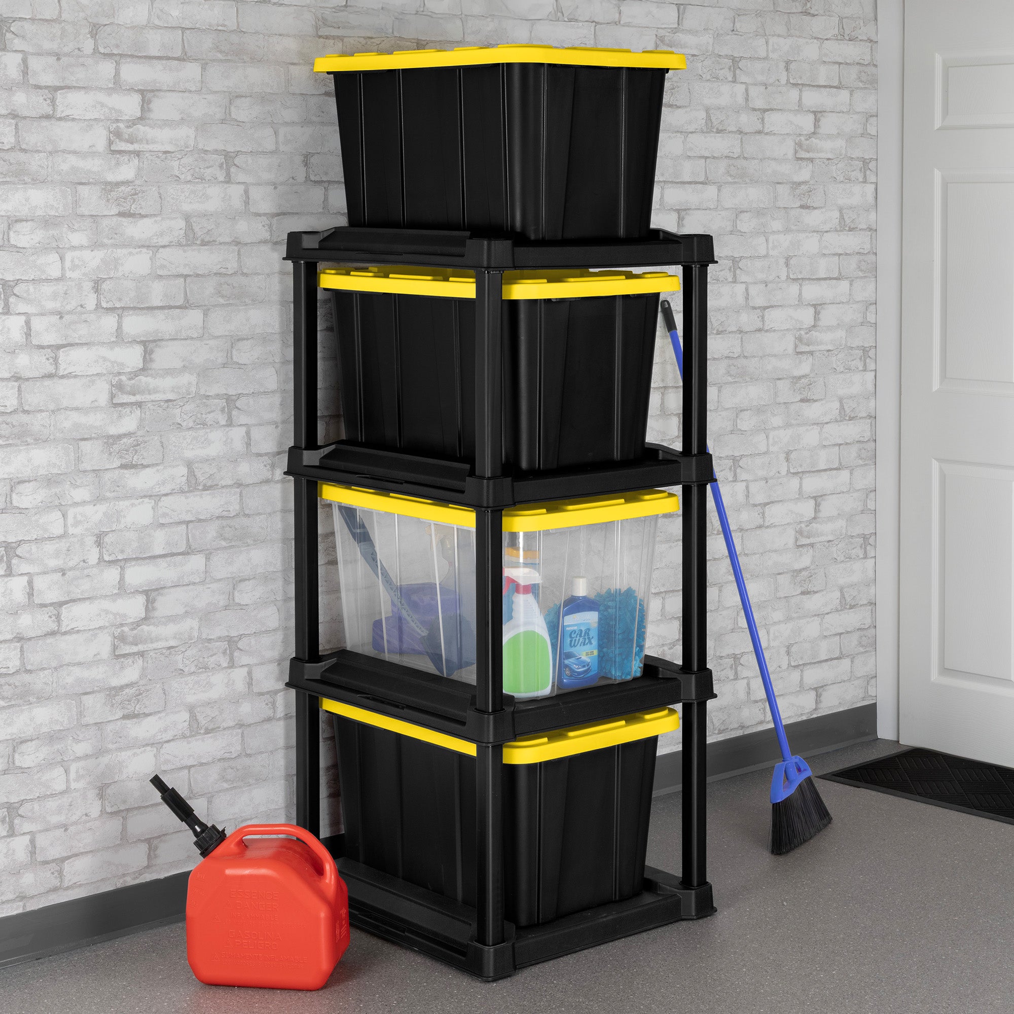 Sterilite 4 Tier Tote Rack Organizer with 4 Pack 27 Gal Industrial Storage Totes