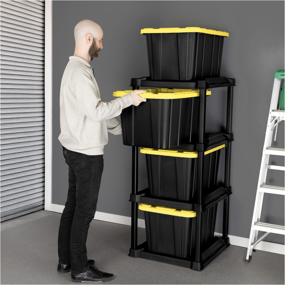 Sterilite 4 Tier Tote Rack Organizer with 4 Pack 27 Gal Industrial Storage Totes