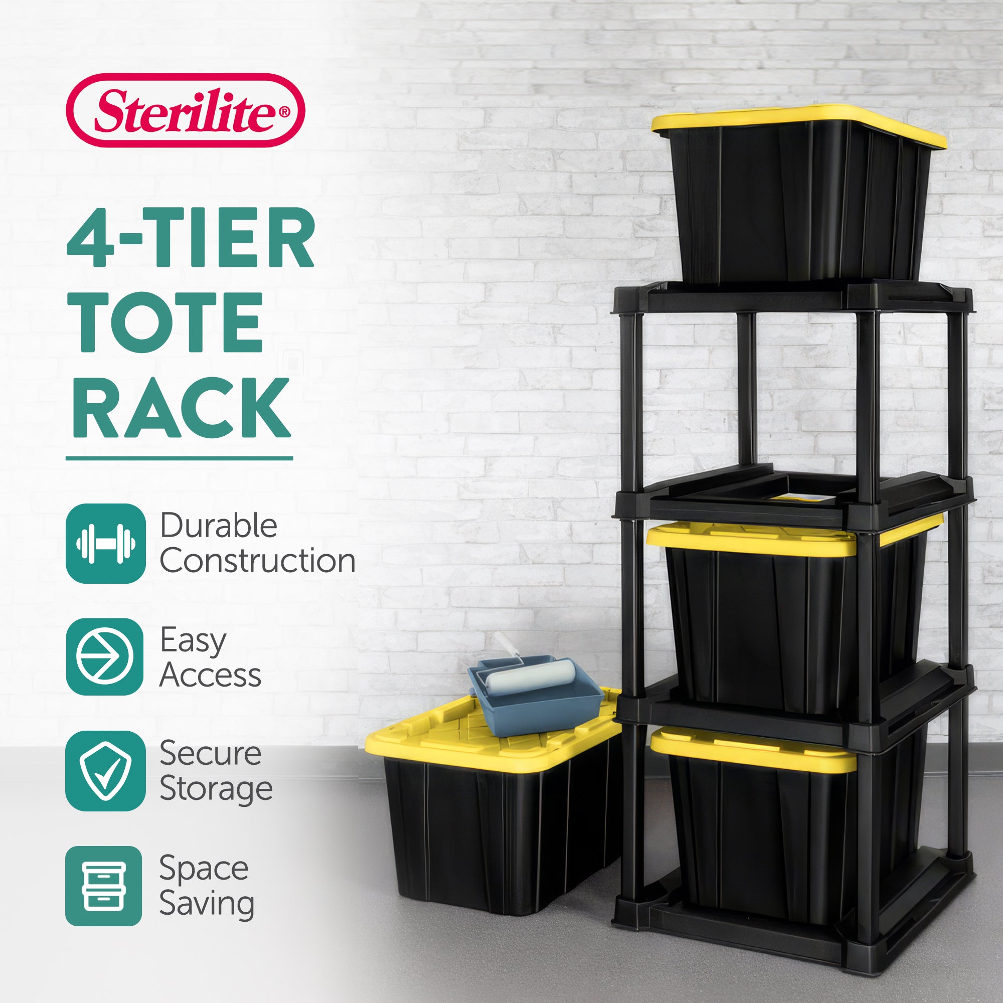 Sterilite 4 Tier Tote Rack Organizer with 4 Pack 27 Gal Industrial Storage Totes