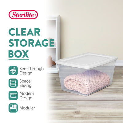 Sterilite 58 Qt Storage Boxes, Clear Plastic Containers w/ Lid, Set of 24, White