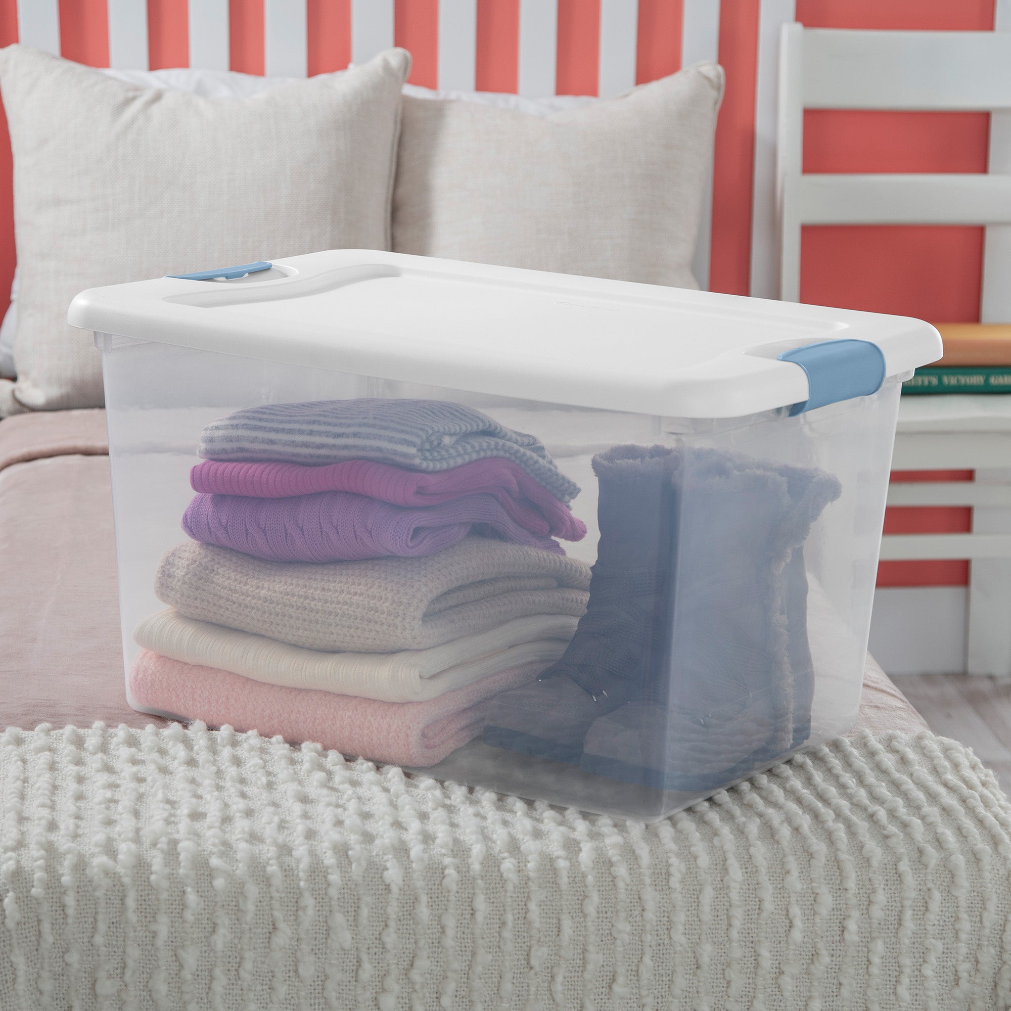 Sterilite 64 Qt Latching Box Stackable Storage Container with Lid, White, 4 Pack