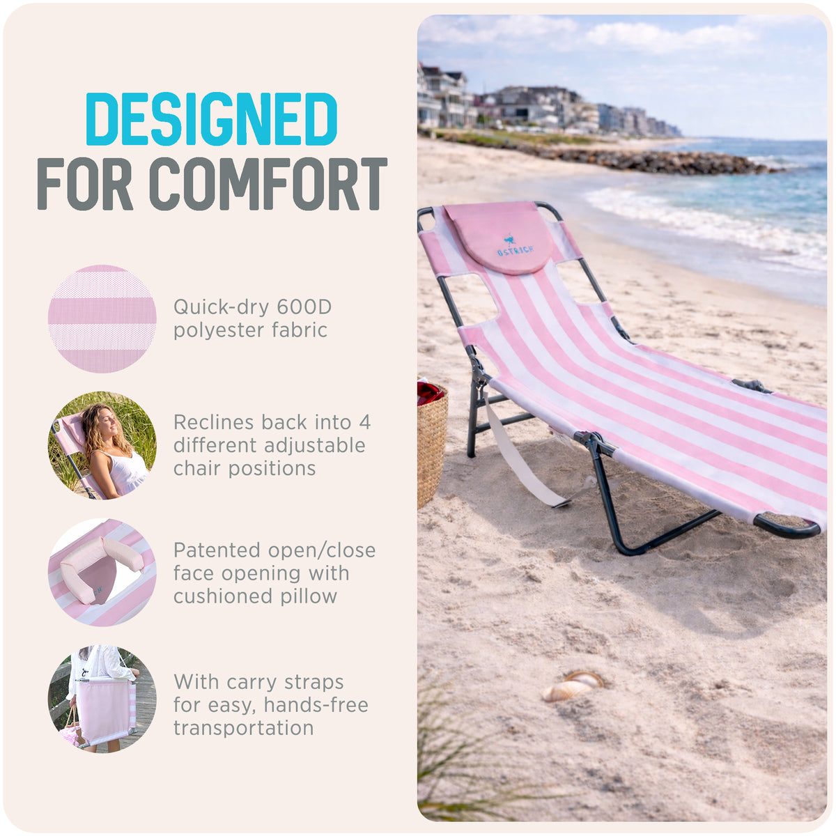 Ostrich The Original Chaise Lounge,Facedown Beach Pool Tanning Chair Pink (Used)