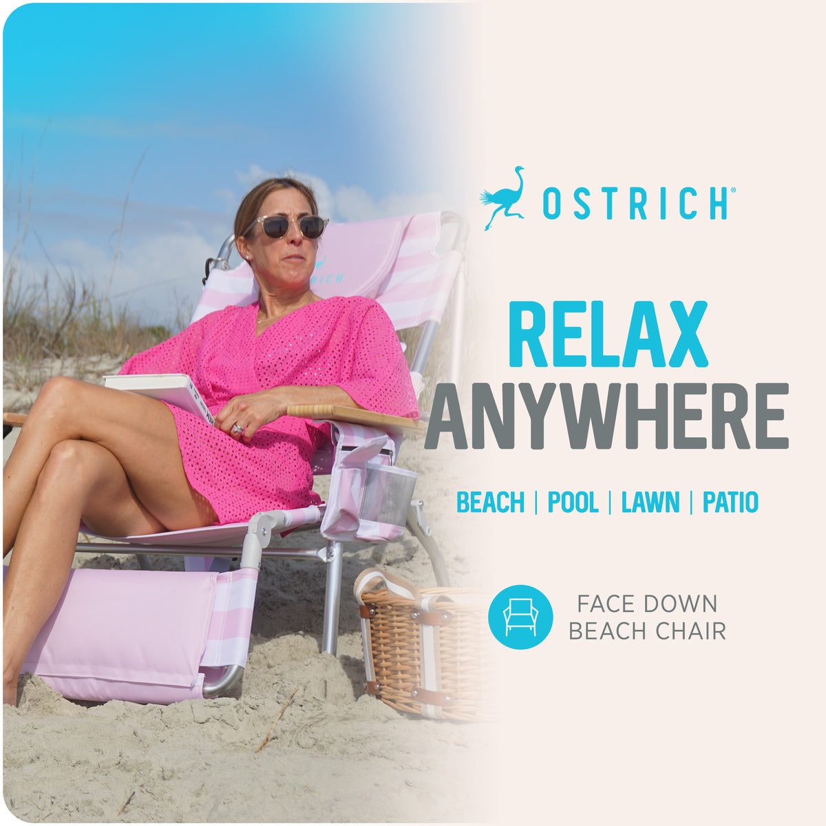 Ostrich The Deluxe 3N1 Lightweight Beach Lounge Chair w/ Footrest, (Open Box) - VMInnovations