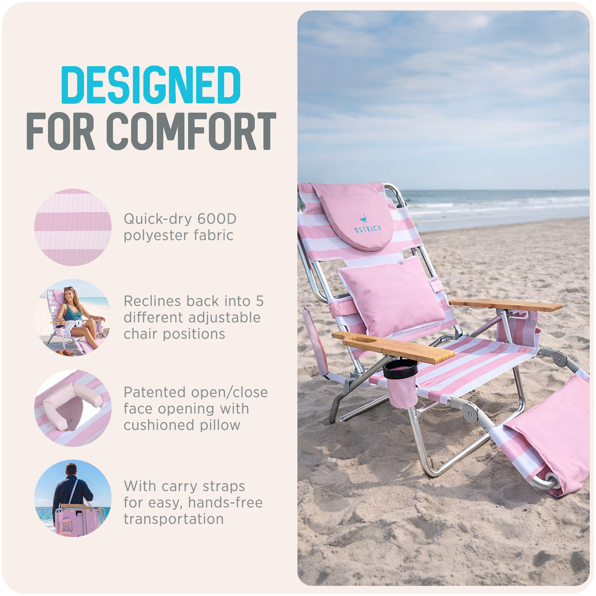 Ostrich The Deluxe 3N1 Lightweight Beach Lounge Chair w/ Footrest, (Open Box) - VMInnovations