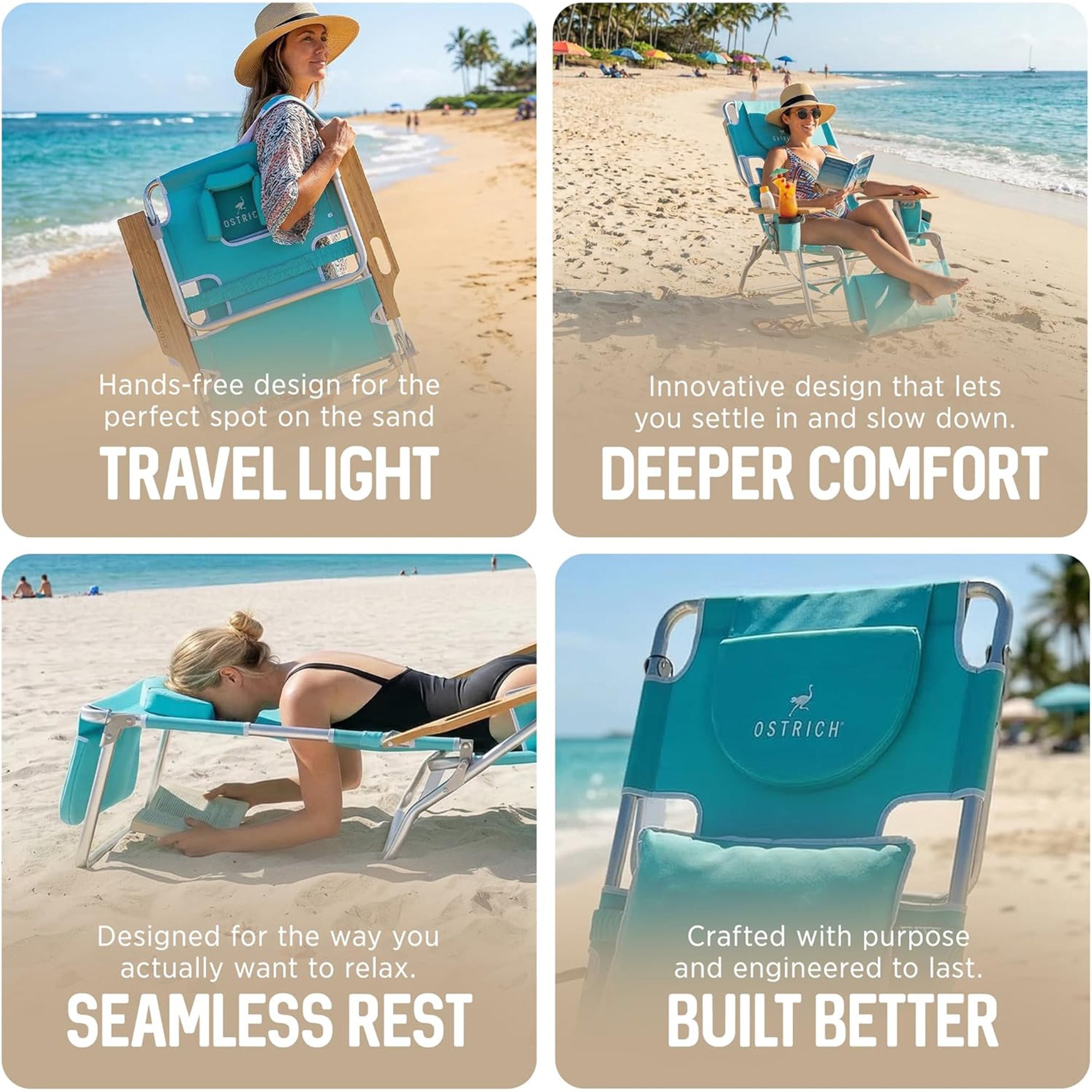 Ostrich The Deluxe 3N1 Lightweight Beach Lounge Chair w/ Footrest, Pink Stripe