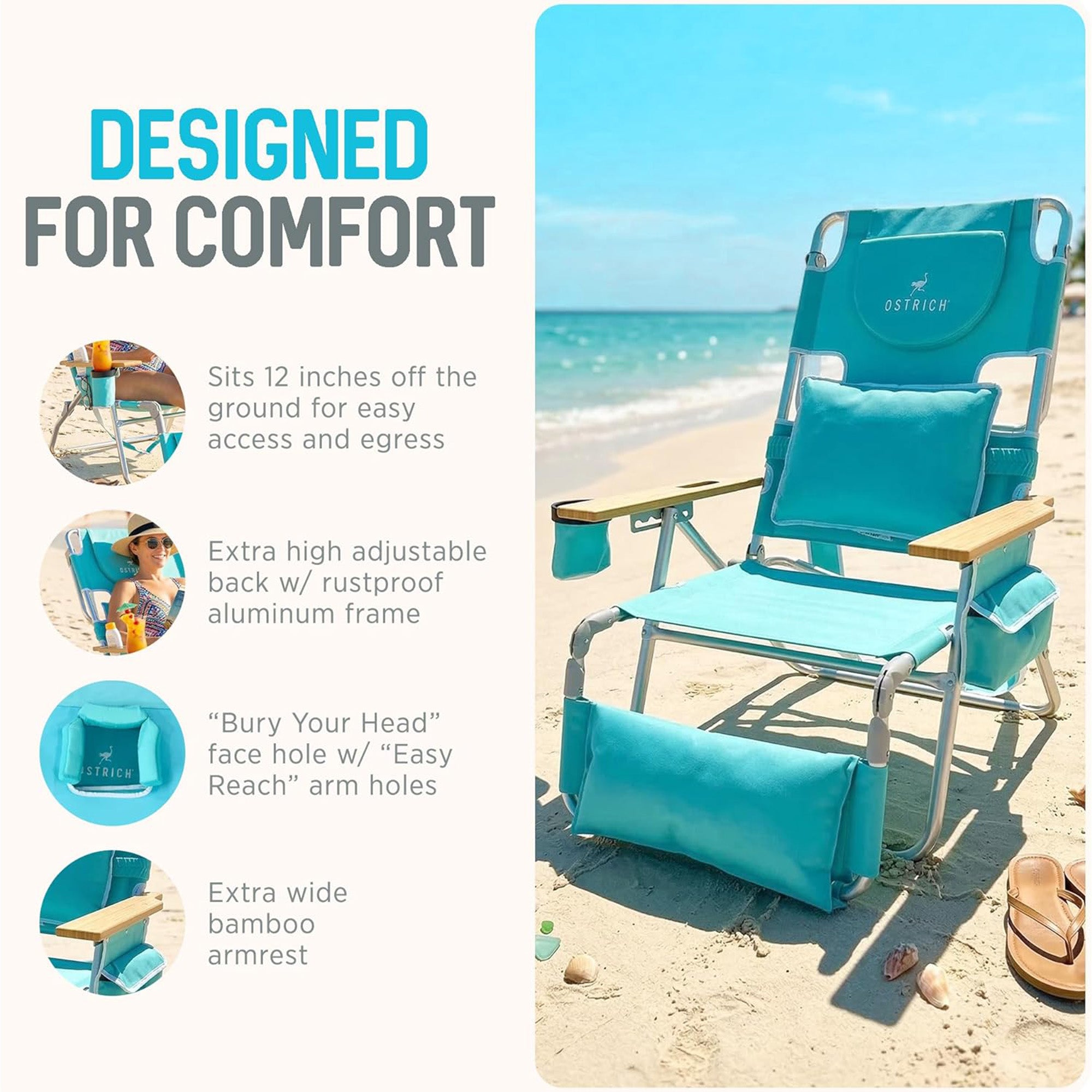 Ostrich The Deluxe 3N1 Lightweight Beach Lounge Chair w/ Footrest, Pink Stripe