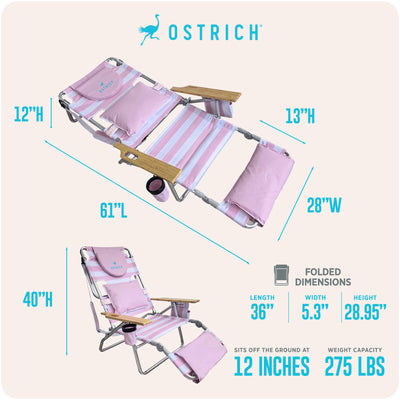 Ostrich The Deluxe 3N1 Lightweight Beach Lounge Chair w/ Footrest, (Open Box) - VMInnovations