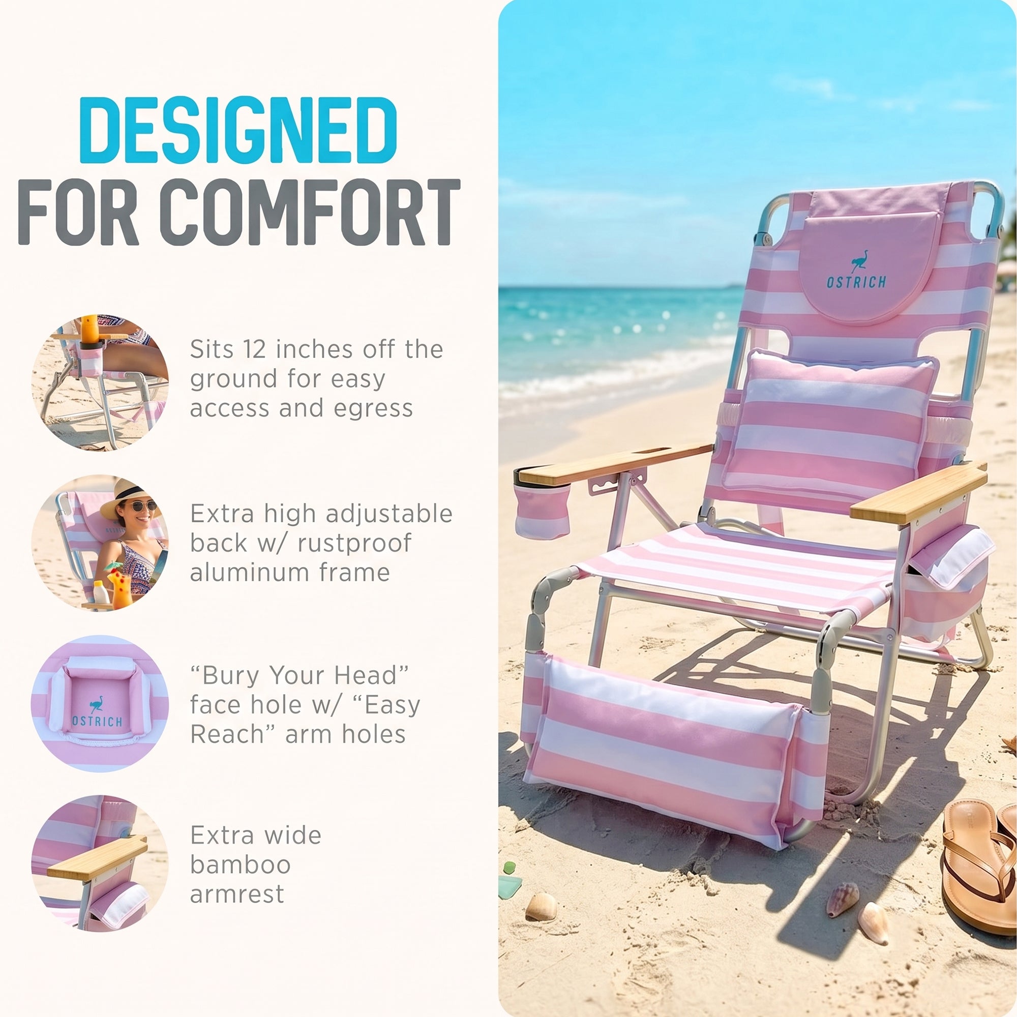 Ostrich The Deluxe 3N1 Lightweight Beach Lounge Chair w/ Footrest, (Open Box)