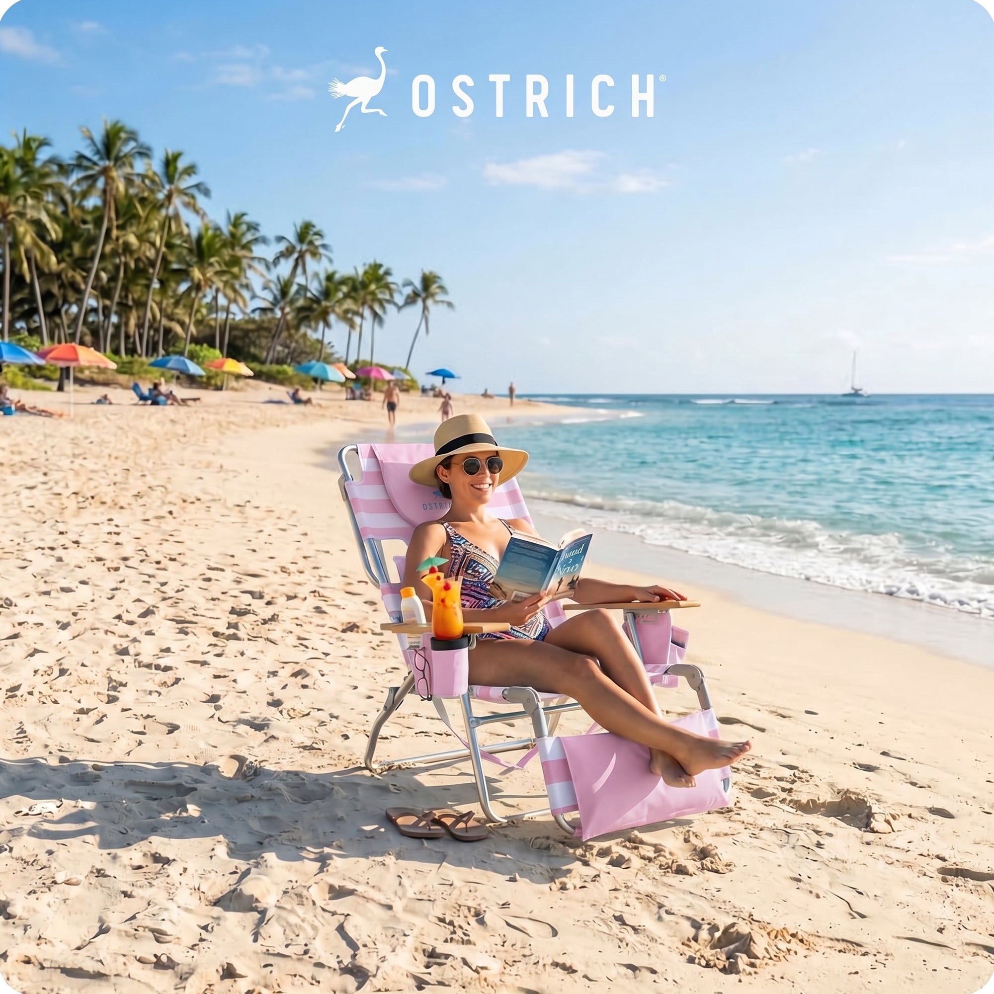 Ostrich The Deluxe 3N1 Lightweight Beach Lounge Chair w/ Footrest, Pink Stripe - VMInnovations
