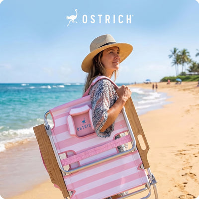 Ostrich The Deluxe 3N1 Lightweight Beach Lounge Chair w/ Footrest, Pink Stripe - VMInnovations