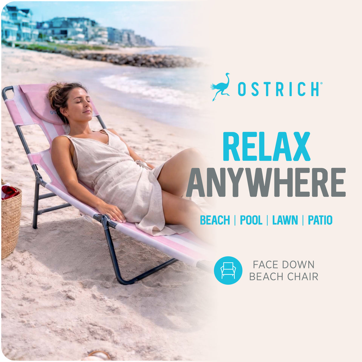 Ostrich The Backpack Chaise Lounge, Facedown Beach Camping Chair w/ Storage Bag - VMInnovations