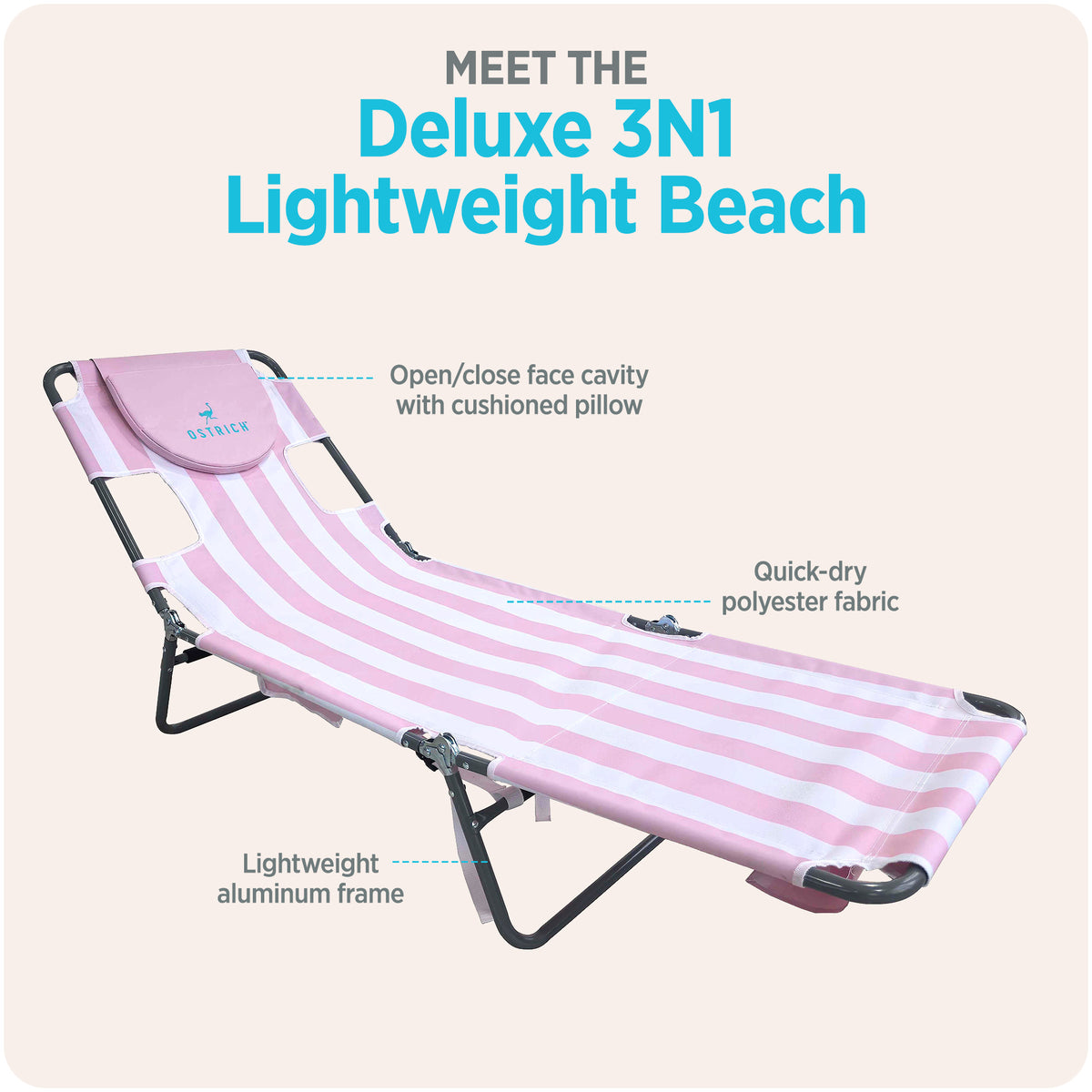 Ostrich The Backpack Chaise Lounge, Facedown Beach Camping Chair w/ Storage Bag - VMInnovations