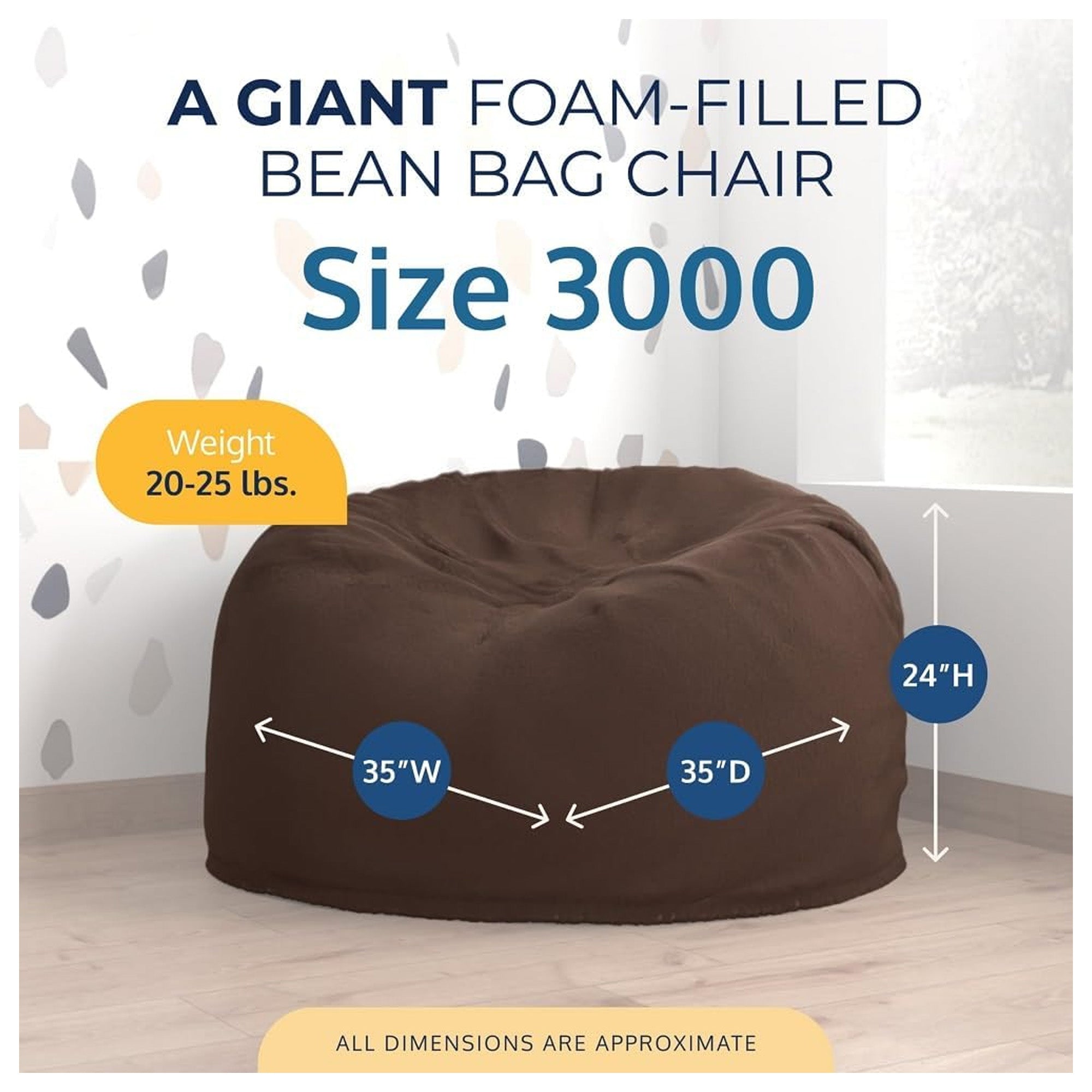 Ultimate Sack 3 ft Bean Bag Chair, Oversized Indoor Comfy Lounger, Brown Fur - VMInnovations
